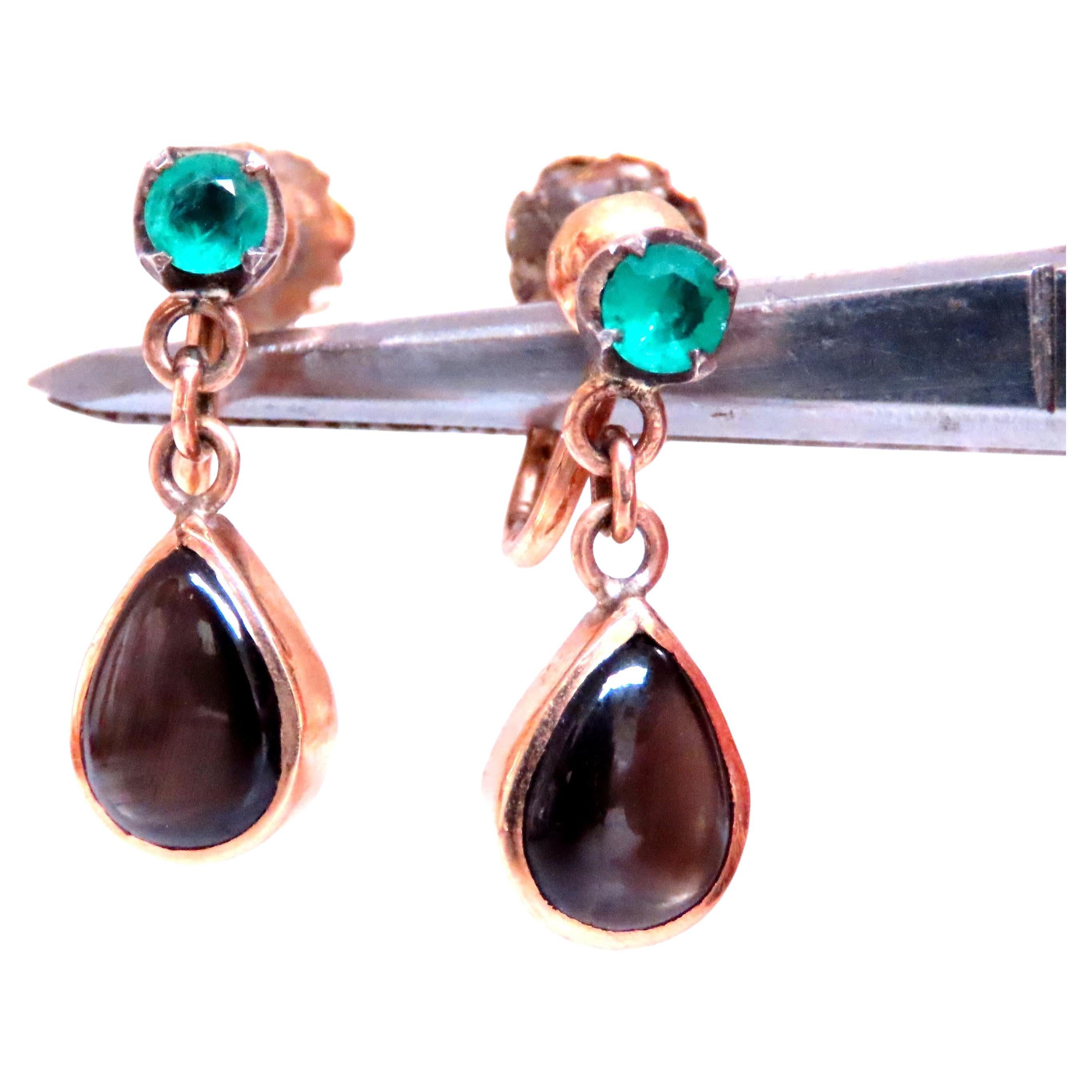 Natural Emeralds Black Star Dangle Earrings 14kt gold Vintage Screw 12633