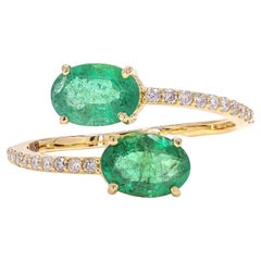 Natural Emeralds & Diamond Bypass Pave Band Ring in 14K Solid Gold (Certified)