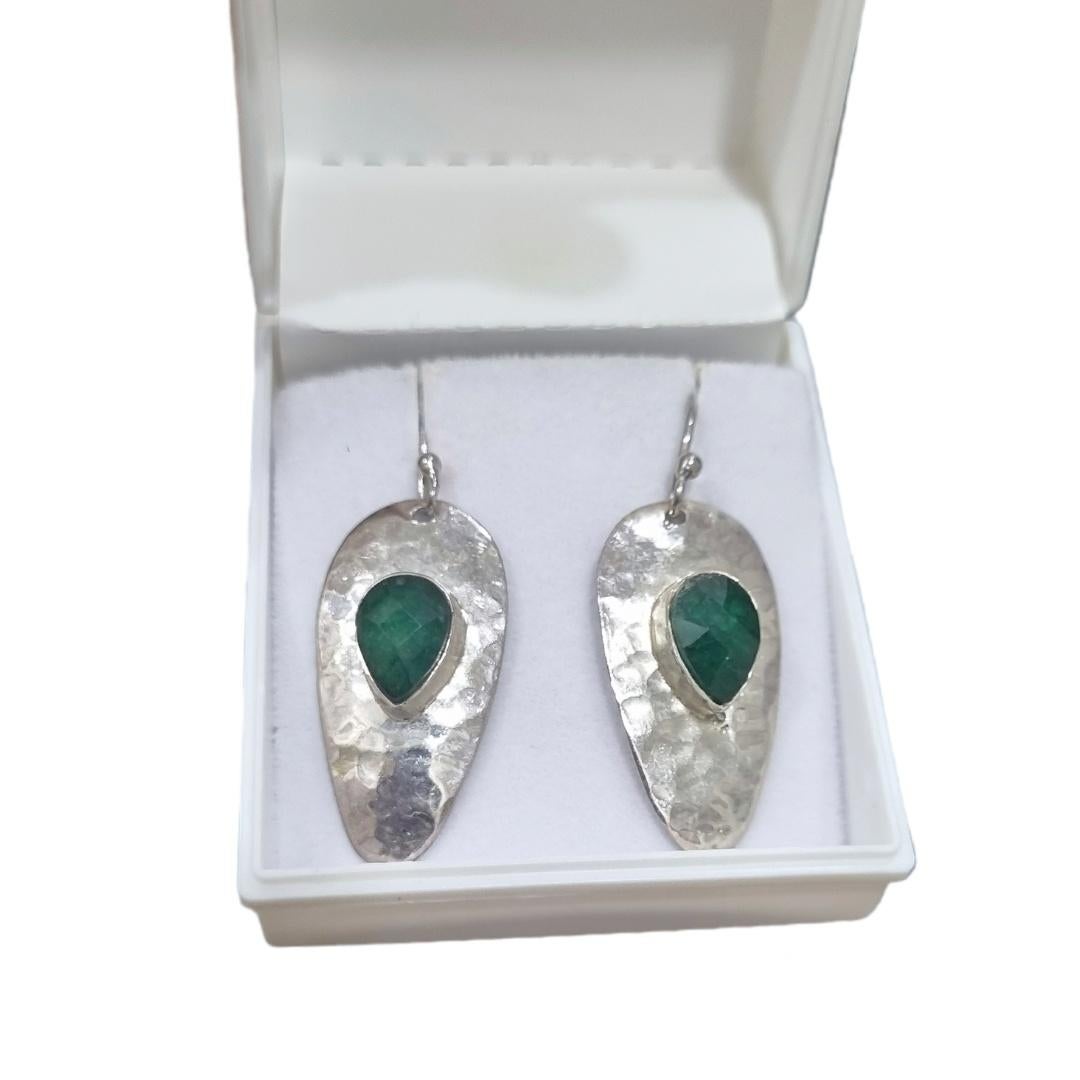 Artisan Natural emeralds sterling silver earrings For Sale