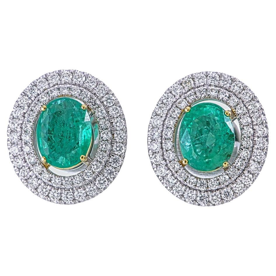 Natural Emeralds with double halo of diamond Ear studs For Sale