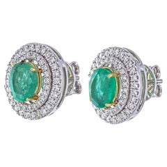 Natural Emeralds with double halo of diamond Ear studs