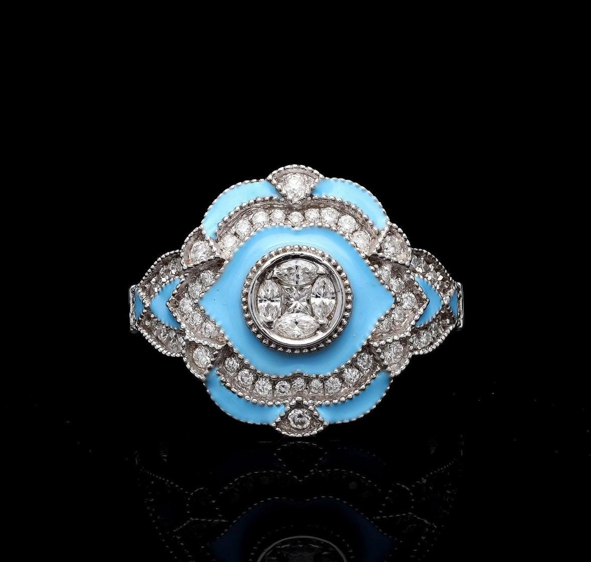 Taglio Asscher Natural Enamel Diamond Vintage Ring in 18k Gold in vendita