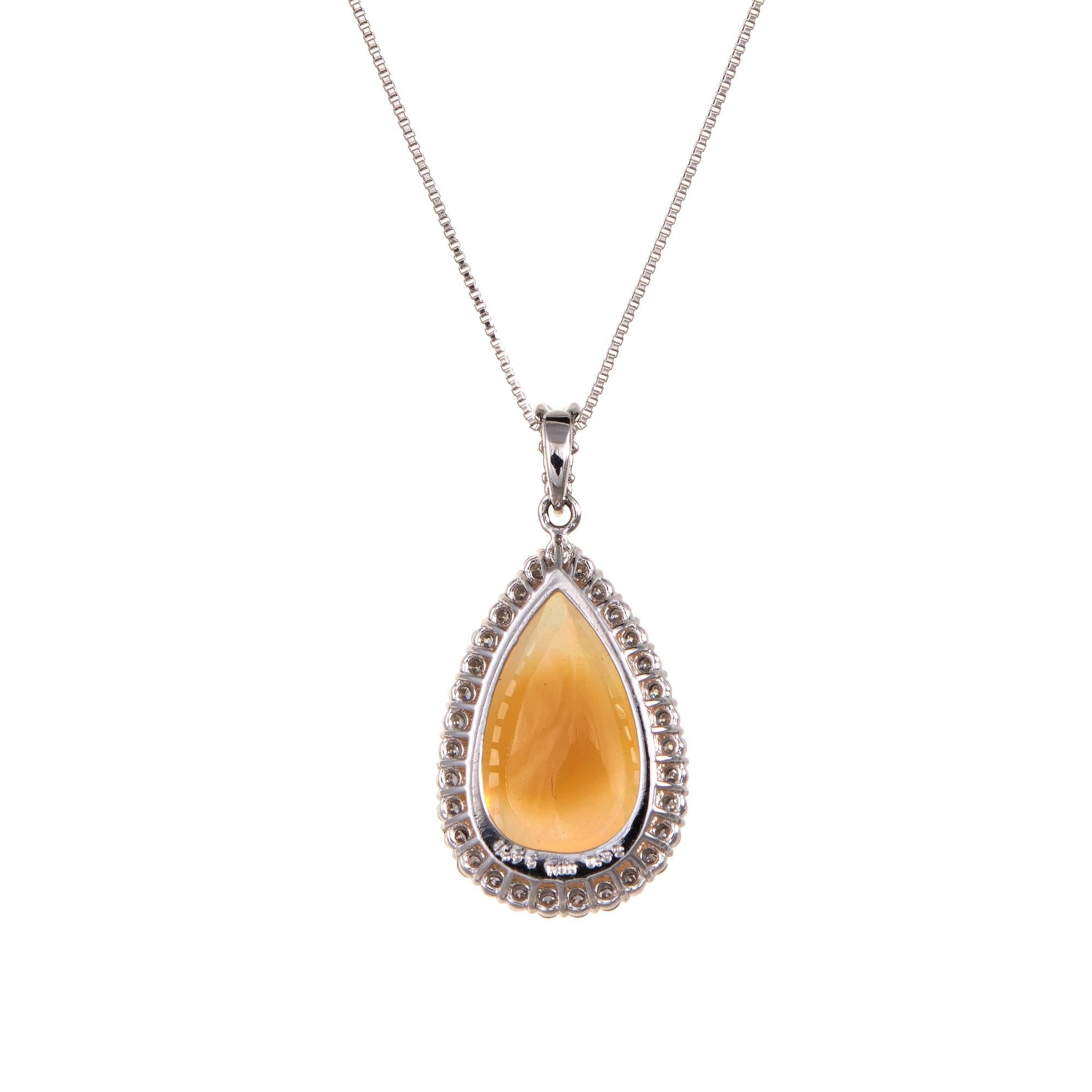 Modern Natural Ethiopian 4.55ct Fire Opal Diamond Necklace Estate Platinum Pear Cut For Sale