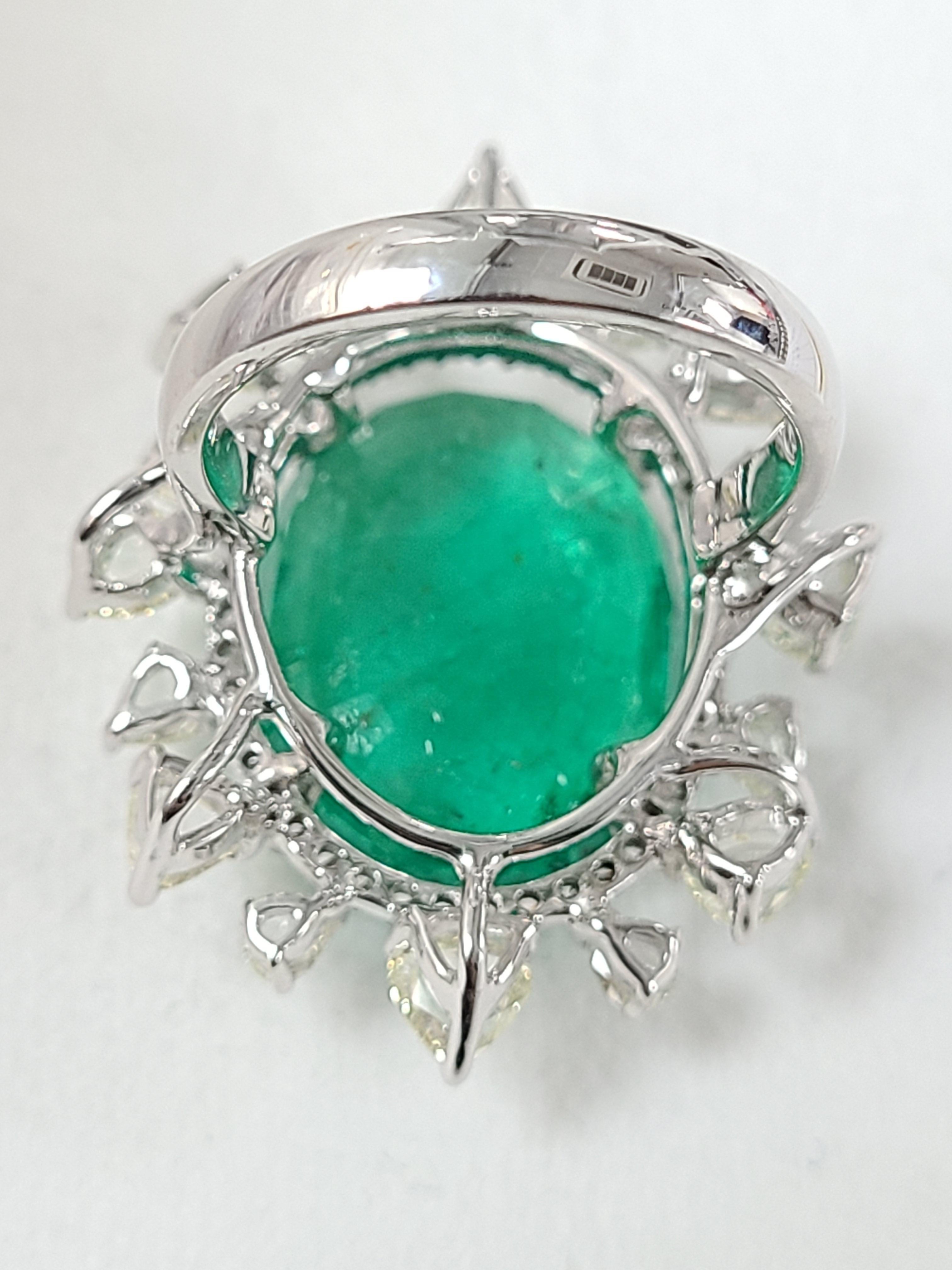 Contemporary Natural Ethiopian Emerald & Rose Cut Diamond Cocktail ring set in 18K White Gold For Sale