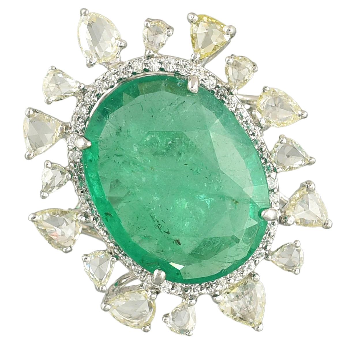 Natural Ethiopian Emerald & Rose Cut Diamond Cocktail ring set in 18K White Gold