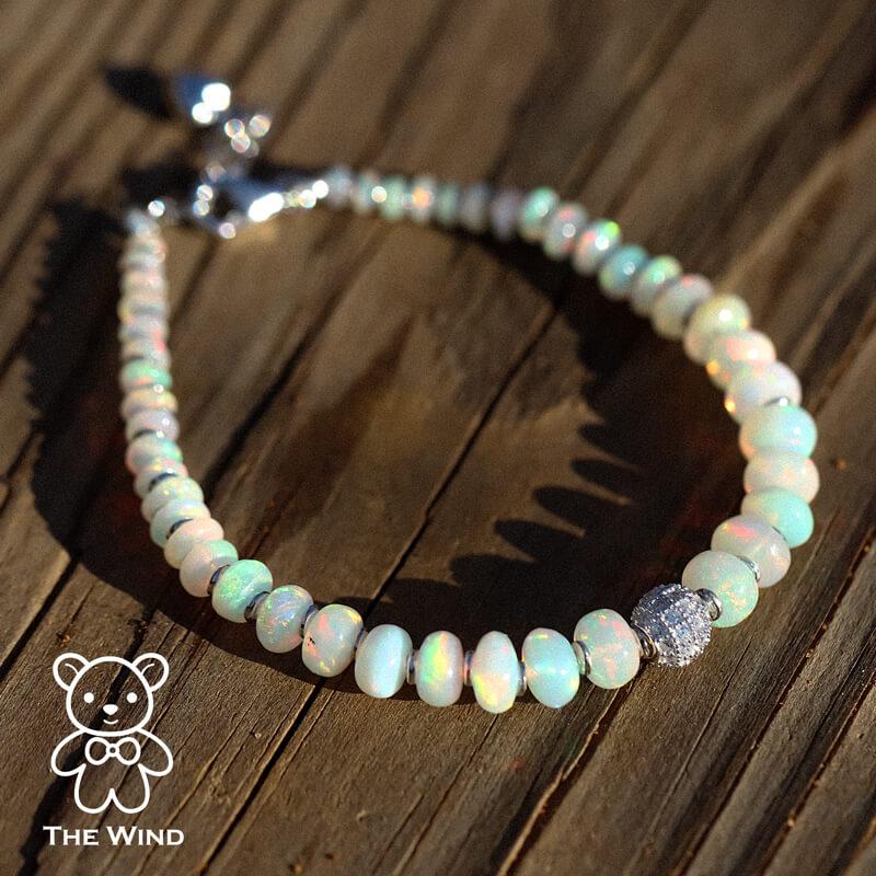 Brilliant Cut Natural Ethiopian Opal Beaded Bracelet 925 Sterling Silver For Sale