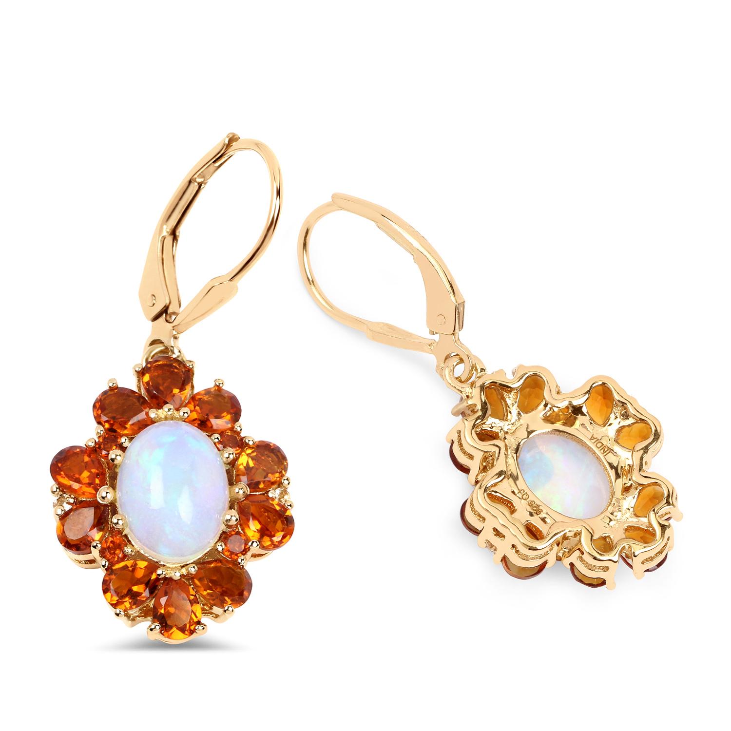 Art Déco Natural Ethiopian Opal & Citrine Dangle Earrings 14k Gold Plated Silver in vendita