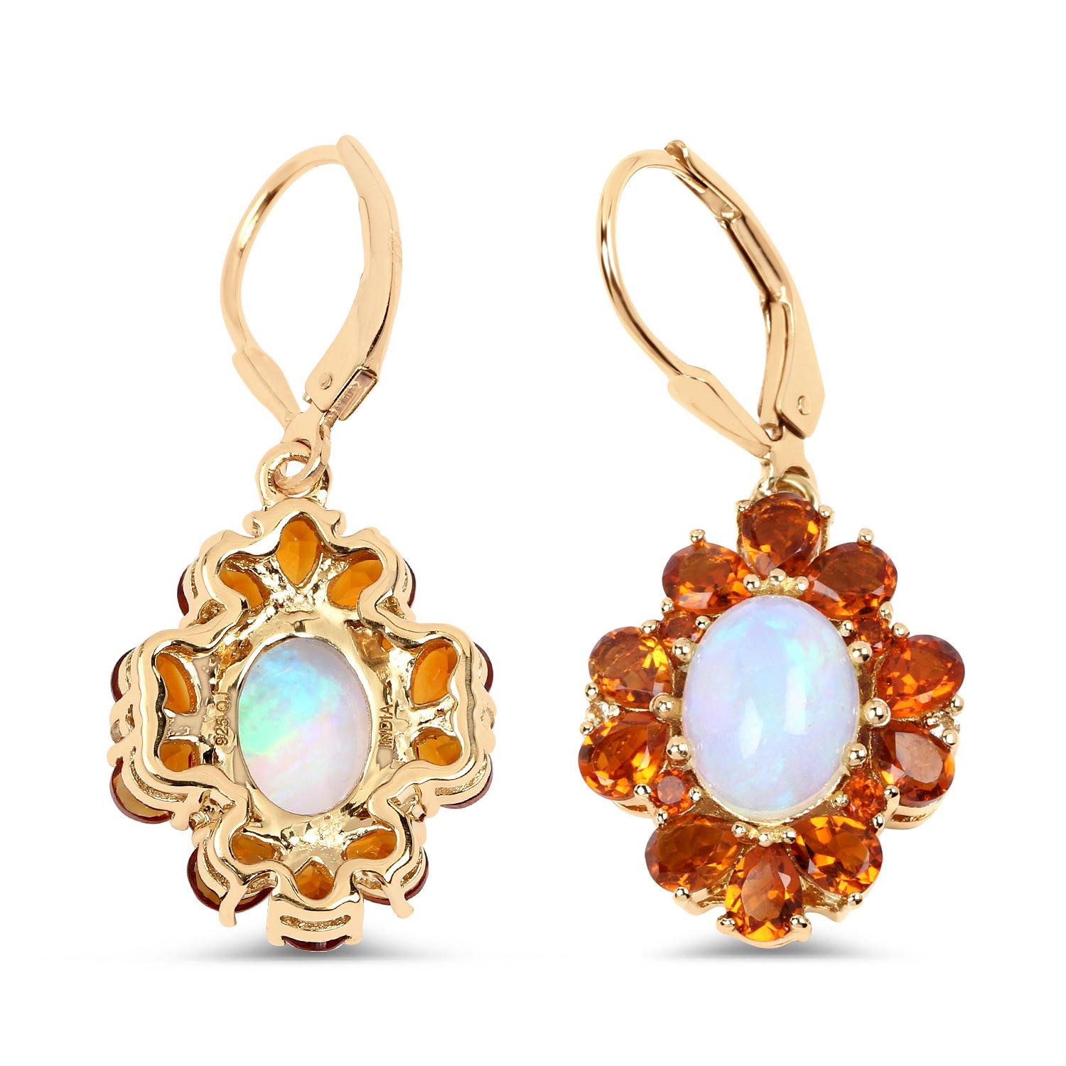 Mixed Cut Natural Ethiopian Opal & Citrine Dangle Earrings 14k Gold Plated Silver For Sale