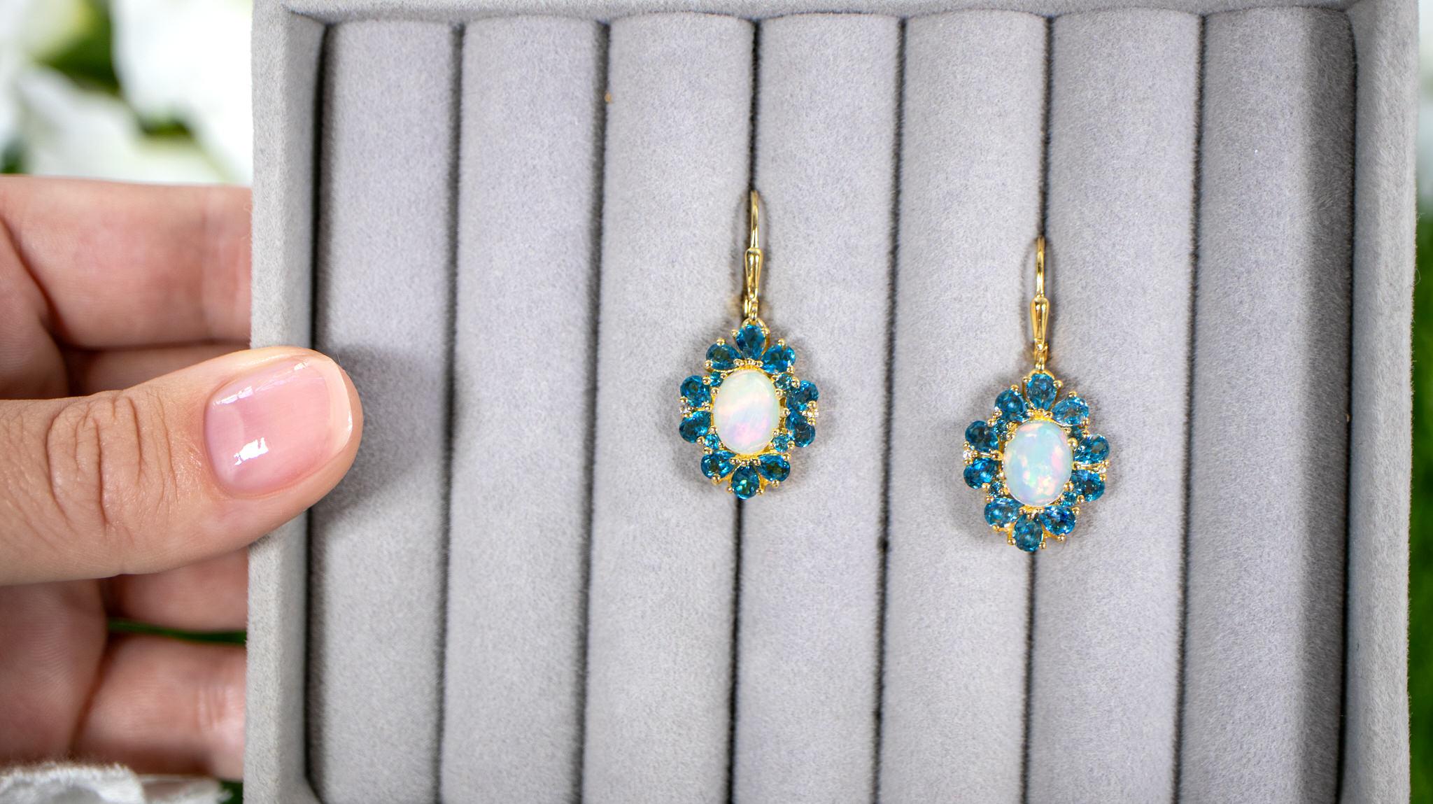 Women's or Men's Natural Ethiopian Opal Dangle Earrings Blue Topaz 5.8 Carats 14K Gold Plated For Sale