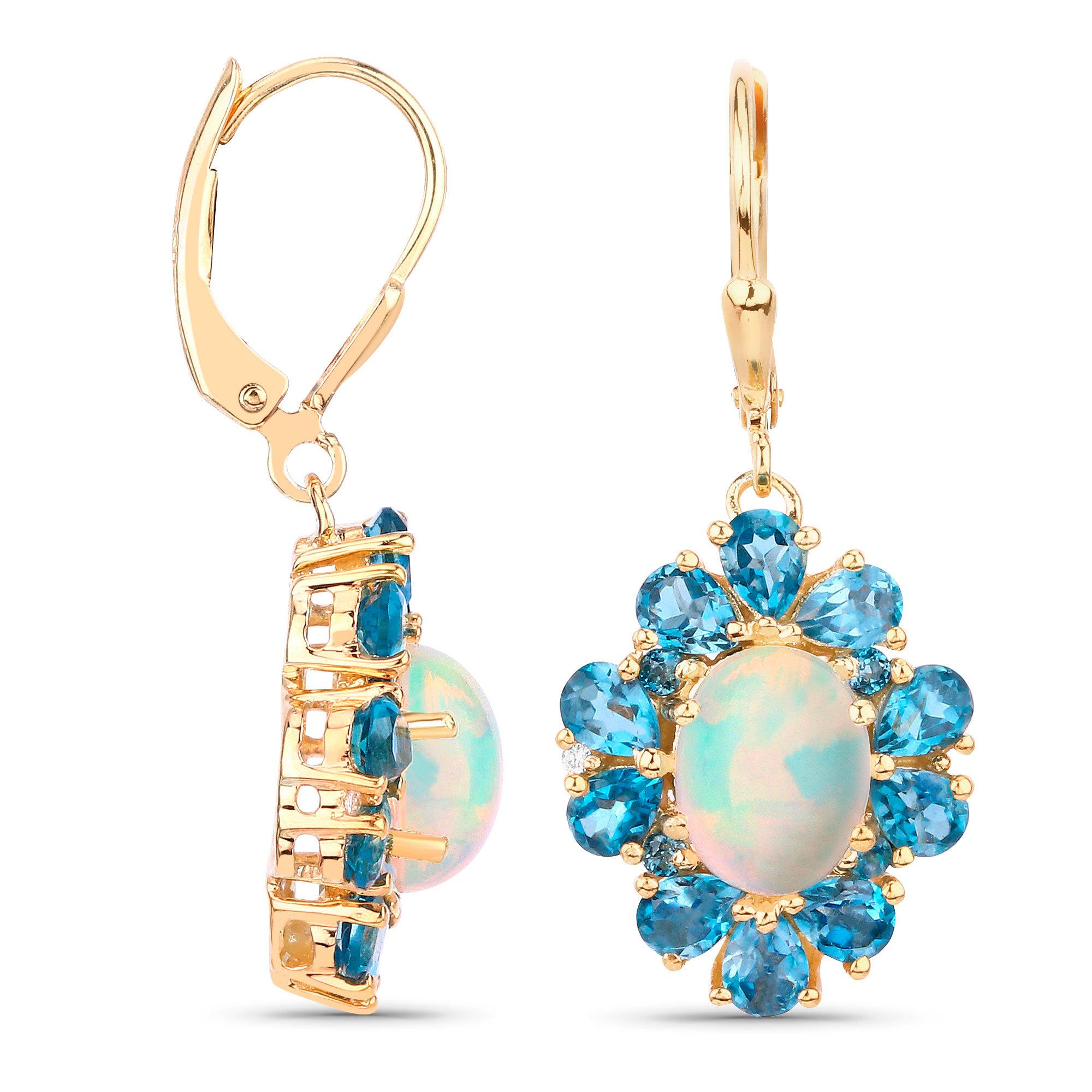 Natural Ethiopian Opal Dangle Earrings Blue Topaz 5.8 Carats 14K Gold Plated For Sale 1