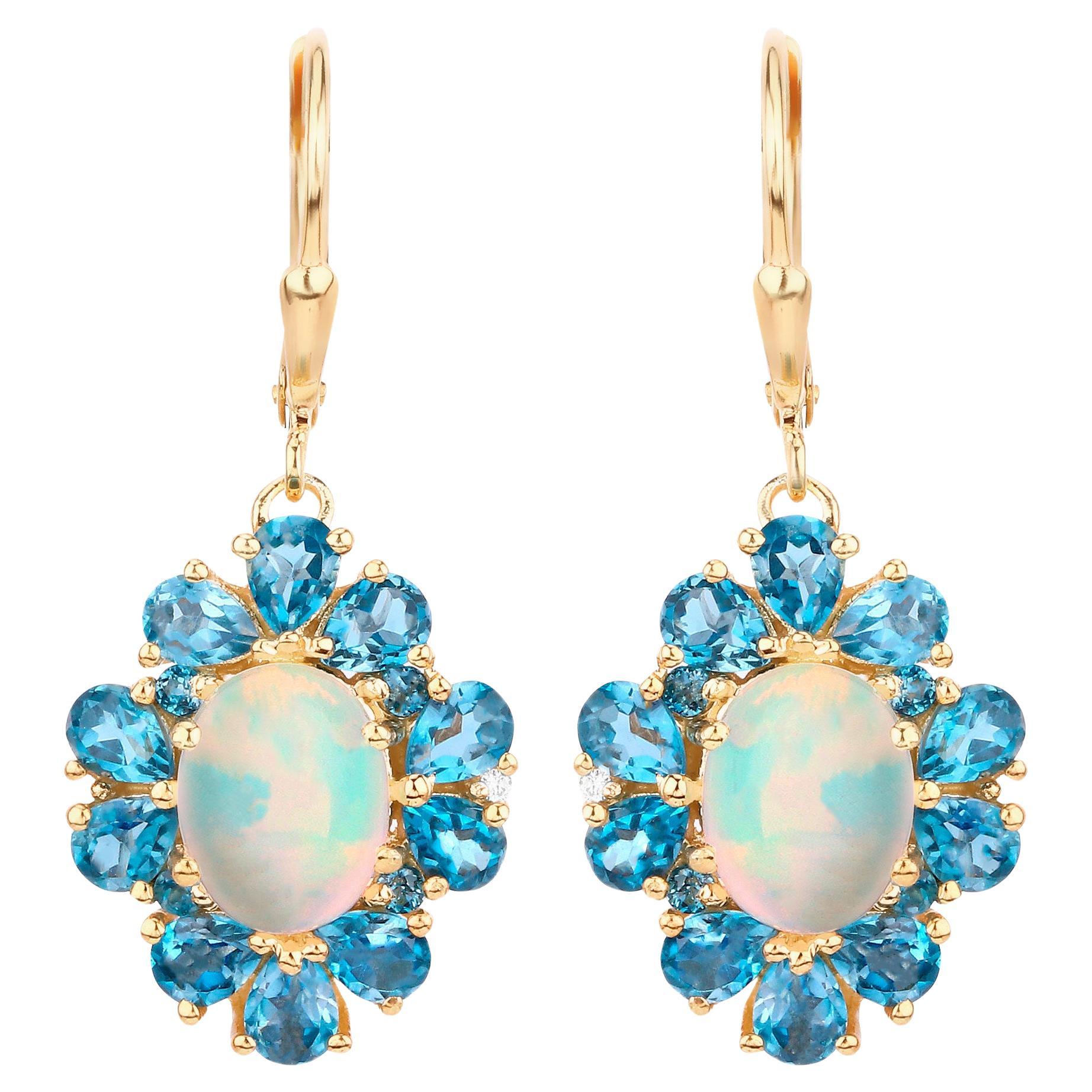 Natural Ethiopian Opal Dangle Earrings Blue Topaz 5.8 Carats 14K Gold Plated For Sale