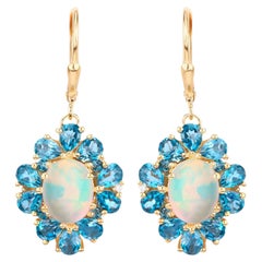 Natural Ethiopian Opal Dangle Earrings Blue Topaz 5.8 Carats 14K Gold Plated