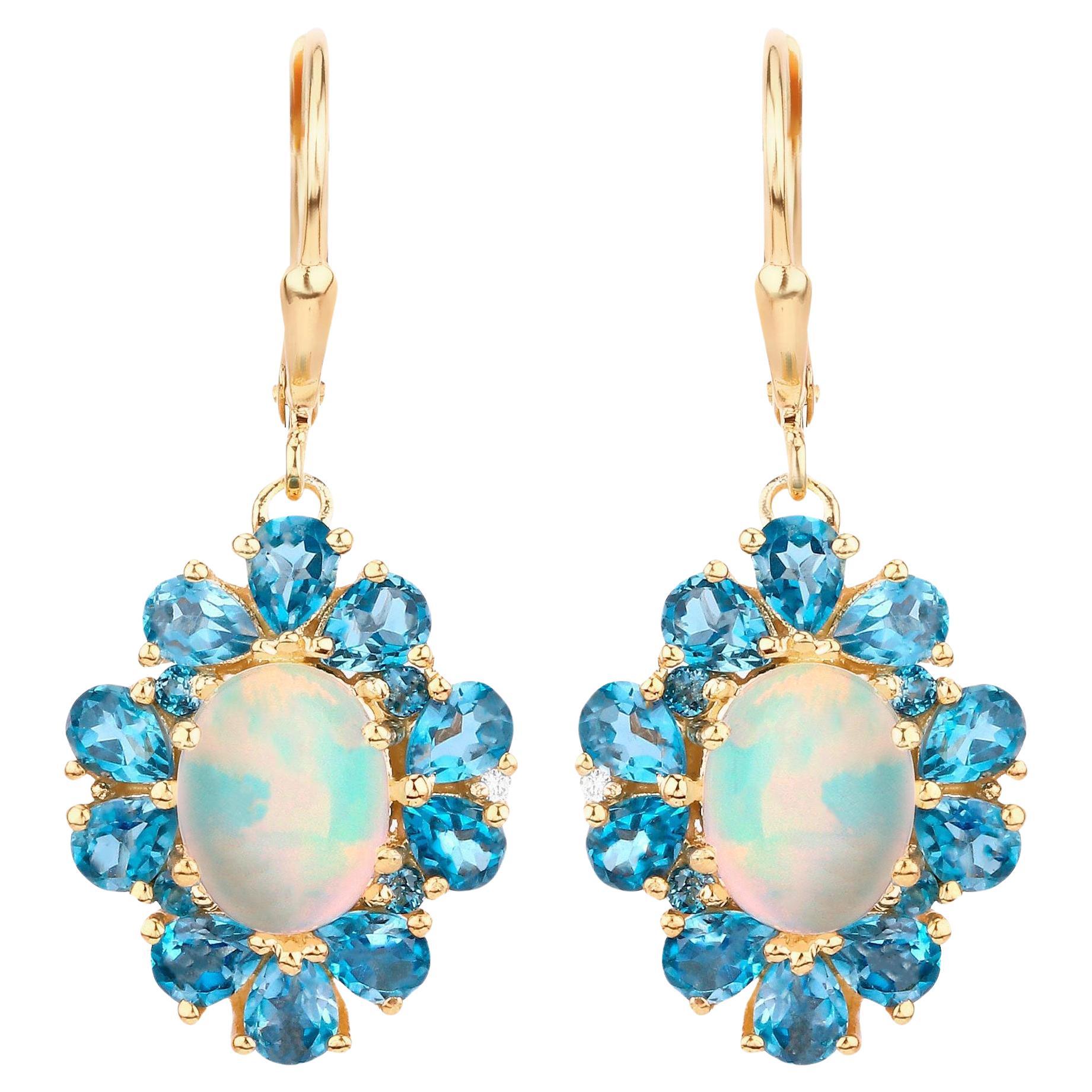 Natural Ethiopian Opal Dangle Earrings Blue Topaz 5.8 Carats 14K Gold Plated