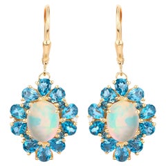 Natural Ethiopian Opal Dangle Earrings Blue Topaz 5.8 Carats 14K Gold Plated