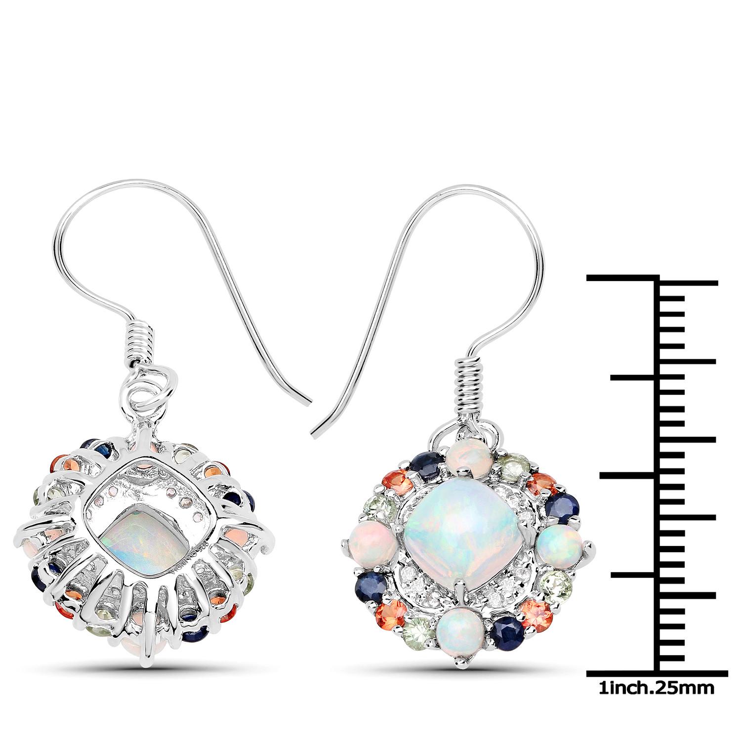 It comes with the appraisal by GIA GG/AJP 
Ethiopian Opal = 3.10 Carats
Cut: Cushion/Round
Multi Color Sappires = 1.45 Carats
Cut: Round
White Zircon = 0.20 Carats
Metal: Sterling Silver
Rhodium Plated
Ear Wire
Height: 9 mm
Width: 17 mm
Length: 37.5