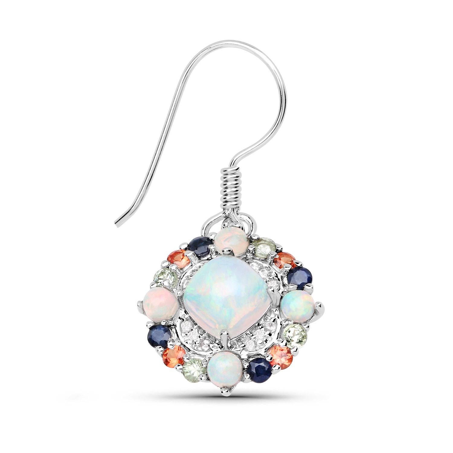 Contemporary Natural Ethiopian Opal Dangle Earrings Set with Multicolored Sapphires For Sale