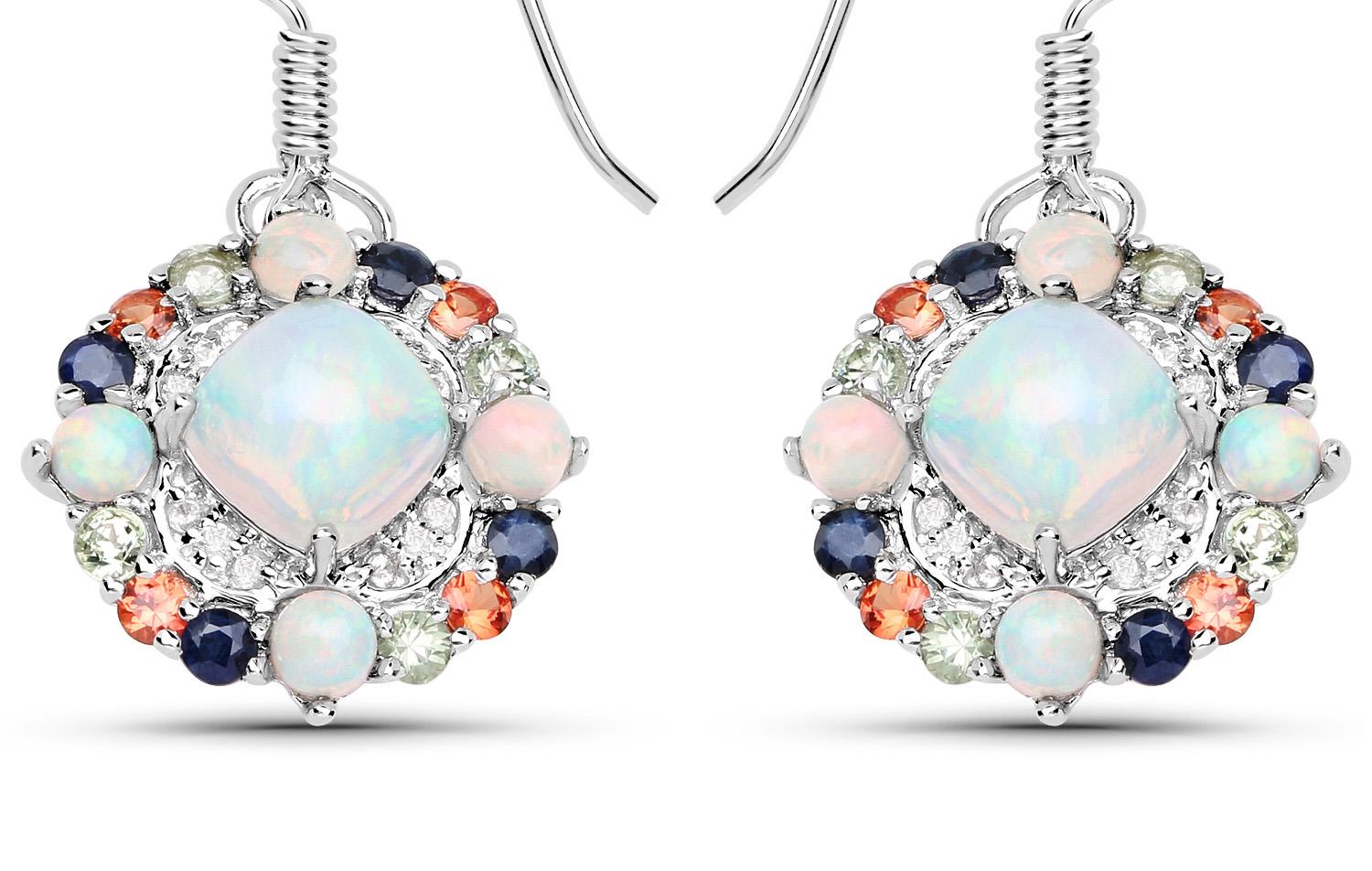 Mixed Cut Natural Ethiopian Opal Dangle Earrings Set with Multicolored Sapphires For Sale