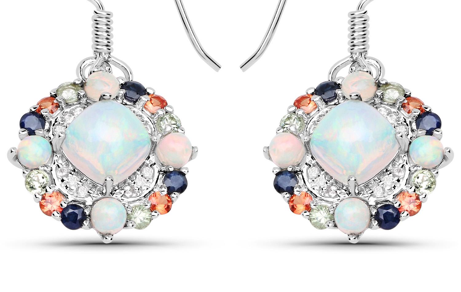 Mixed Cut Natural Ethiopian Opal Dangle Earrings Set with Multicolored Sapphires For Sale