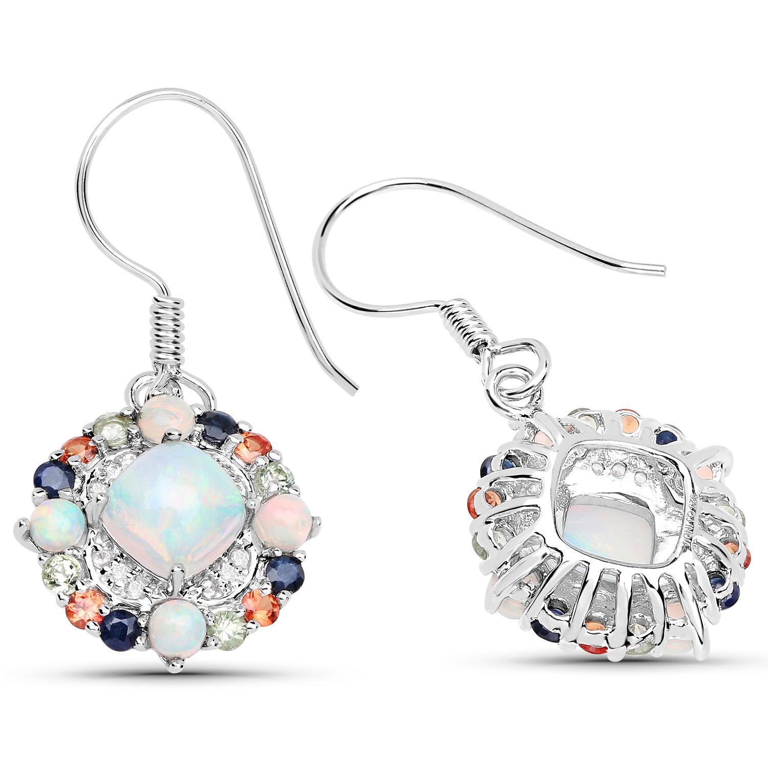 Natural Ethiopian Opal Dangle Earrings Set with Multicolored Sapphires In Excellent Condition For Sale In Aliso Viejo, CA