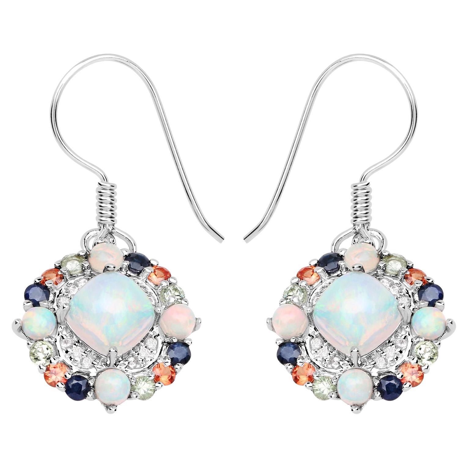 Natural Ethiopian Opal Dangle Earrings Set with Multicolored Sapphires