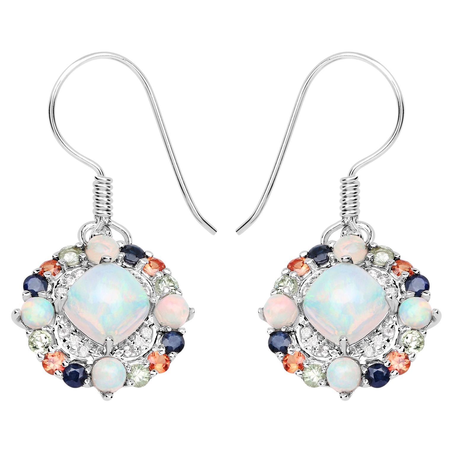 Natural Ethiopian Opal Dangle Earrings Set with Multicolored Sapphires