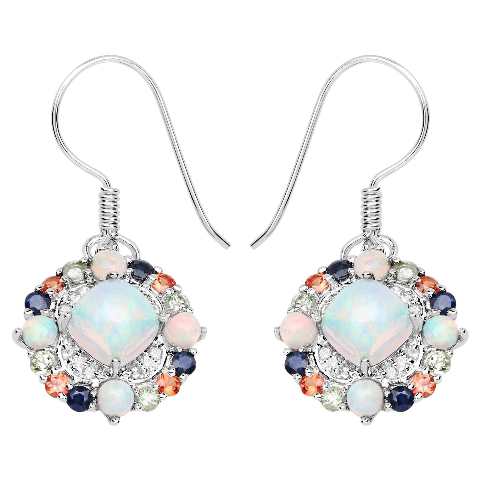 Natural Ethiopian Opal Dangle Earrings Set with Multicolored Sapphires