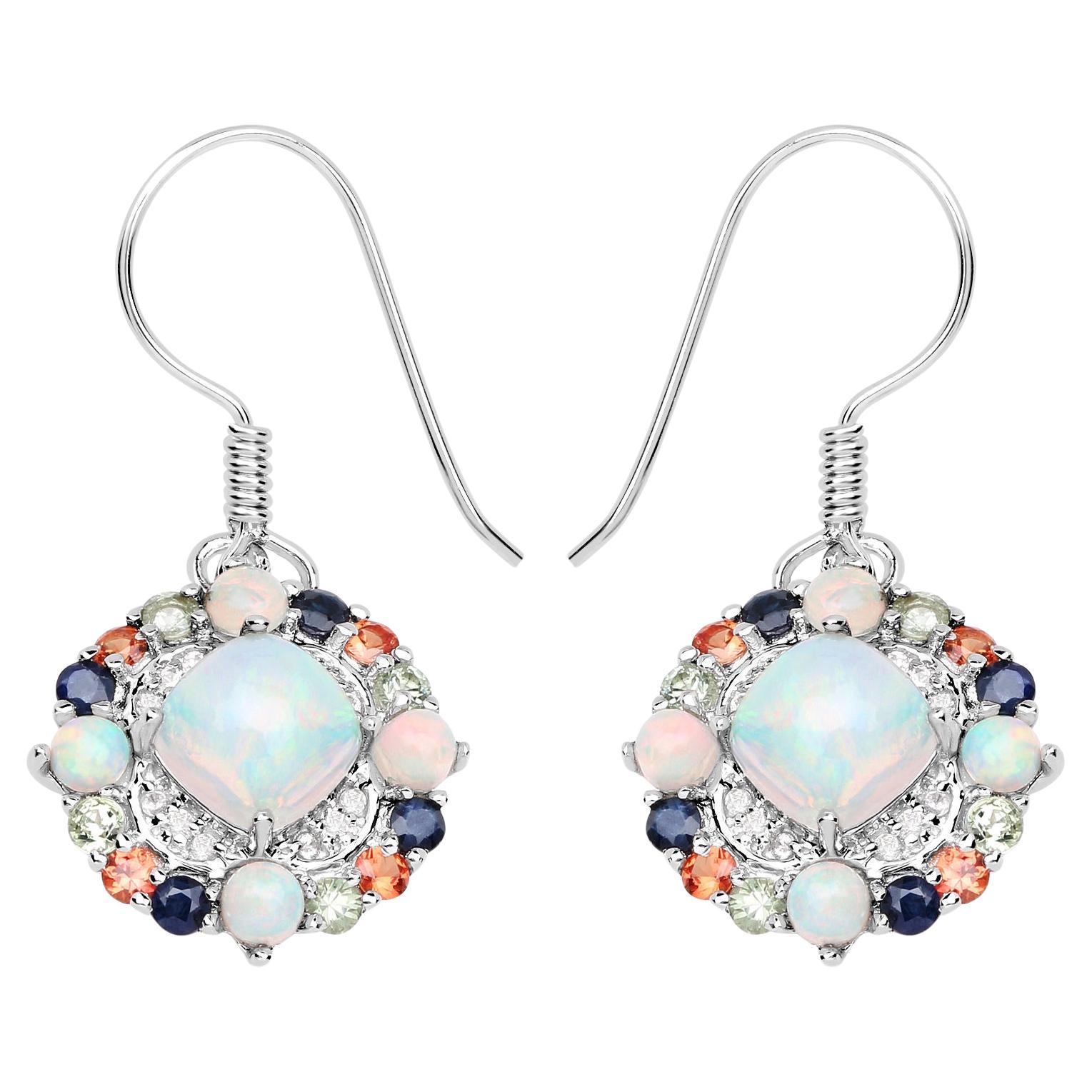 Natural Ethiopian Opal Dangle Earrings Set with Multicolored Sapphires