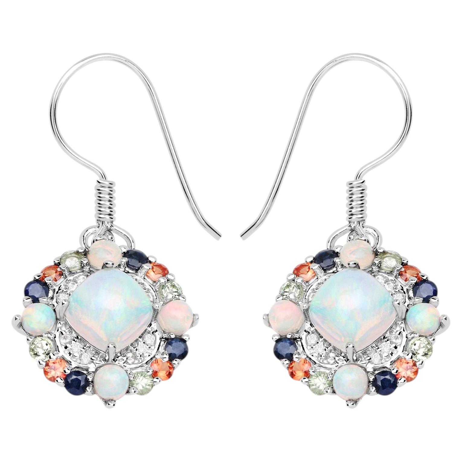 Natural Ethiopian Opal Dangle Earrings Set with Multicolored Sapphires