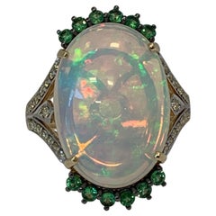 Natural Ethiopian Opal, Diamond and Tsavorite Set in 14K Yellow Gold Natural Ethiopian Opal, Diamond and Tsavorite Set in 14K Yellow Gold