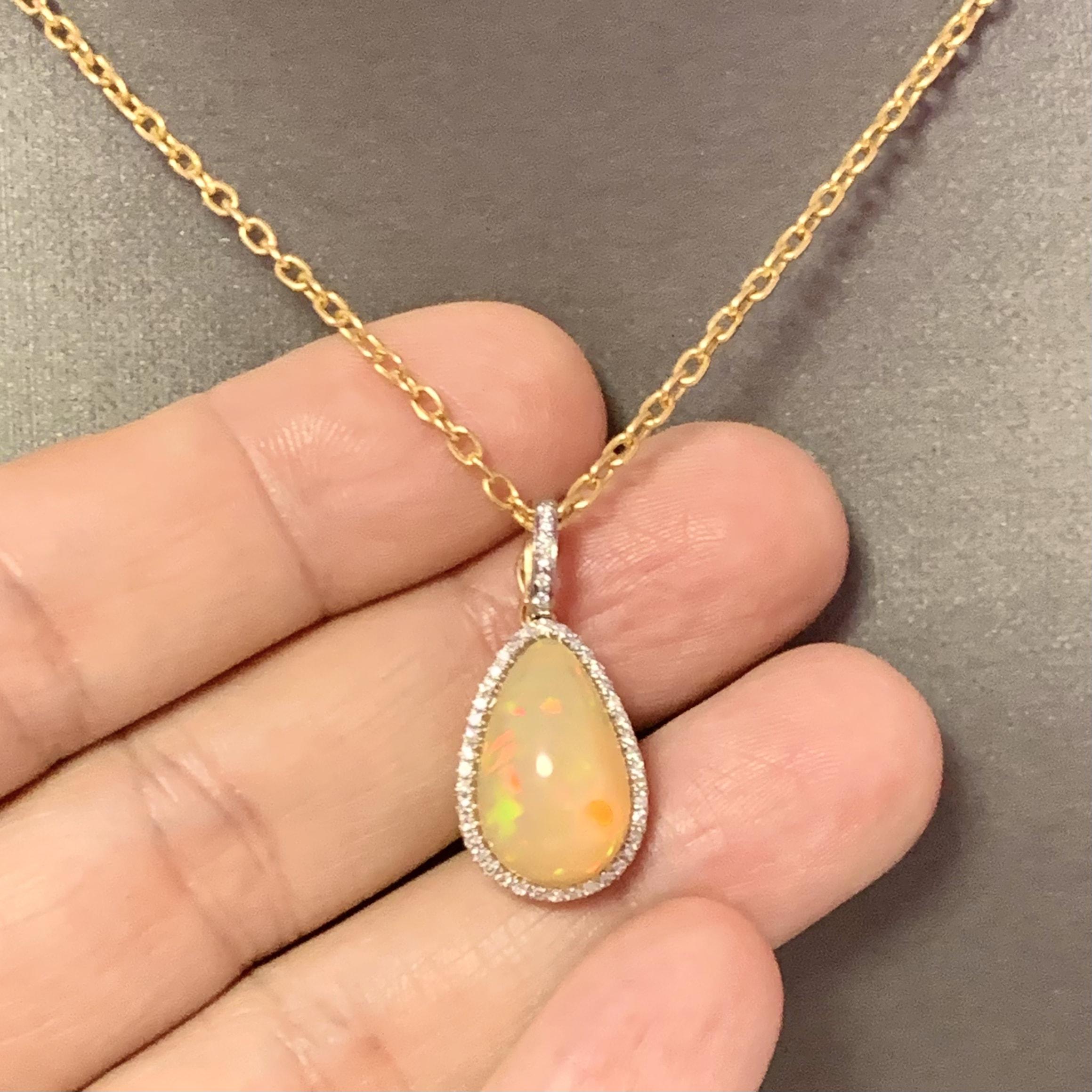 Pear Cut Natural Ethiopian Opal Diamond Necklace 14k Yellow Gold 9.23 TCW Certified For Sale