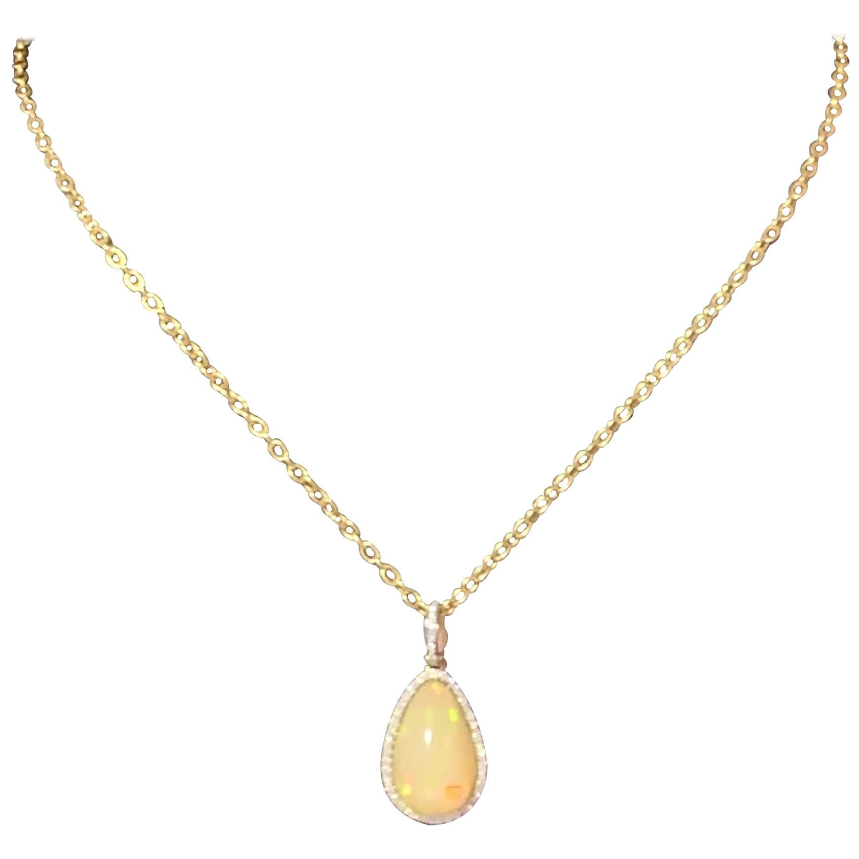 Natural Ethiopian Opal Diamond Necklace 14k Yellow Gold 9.23 TCW Certified For Sale