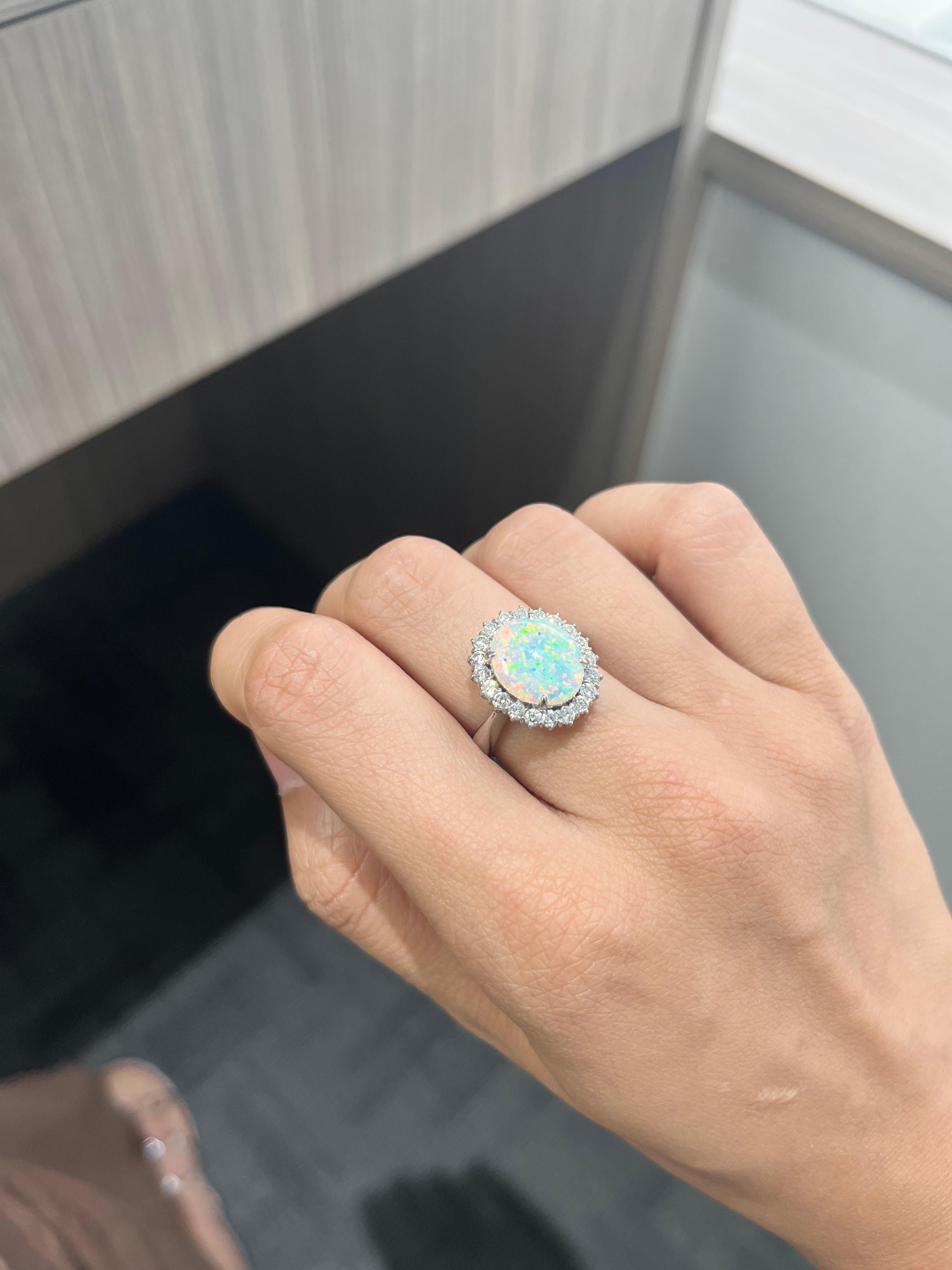 Round Cut Natural Australian Opal & Diamonds Engagement Ring Set in Platinum 900