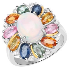 Natural Ethiopian Opal & Multi Colored Sapphires 3.90 Carat Cocktail Ring Silver