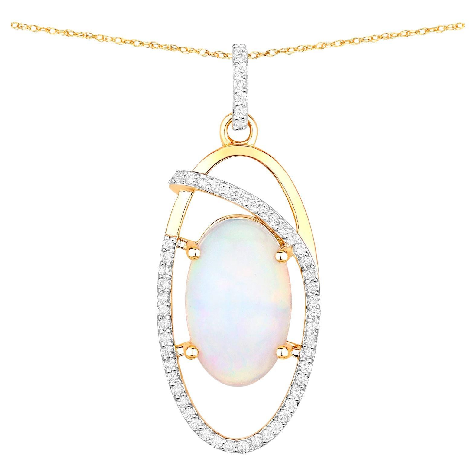 Natural Ethiopian Opal Pendant Necklace Diamond Setting 3.63 Carats 14K Gold For Sale