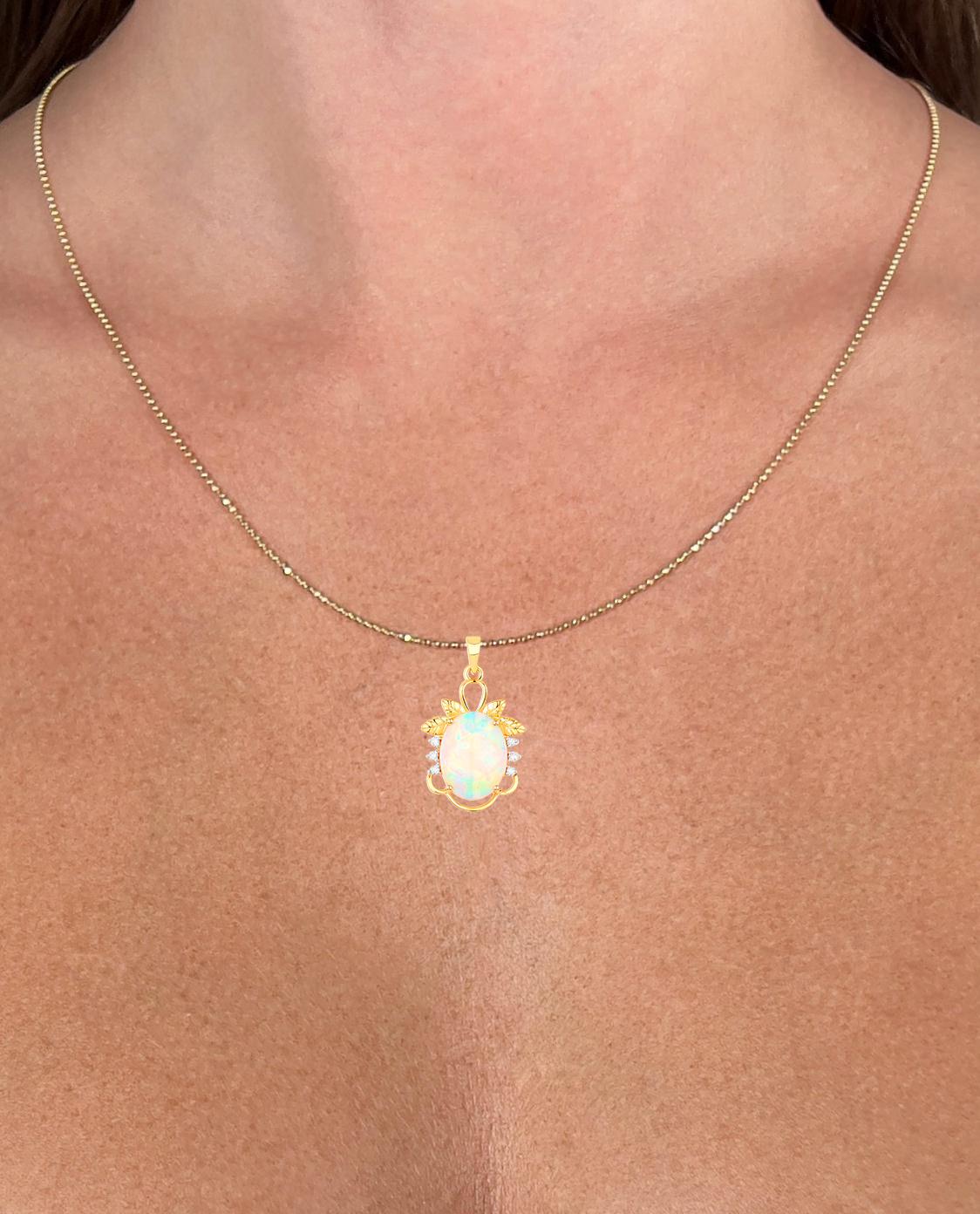 Contemporary Natural Ethiopian Opal Pendant Necklace Diamonds 3.59 Carats 14K Yellow Gold For Sale