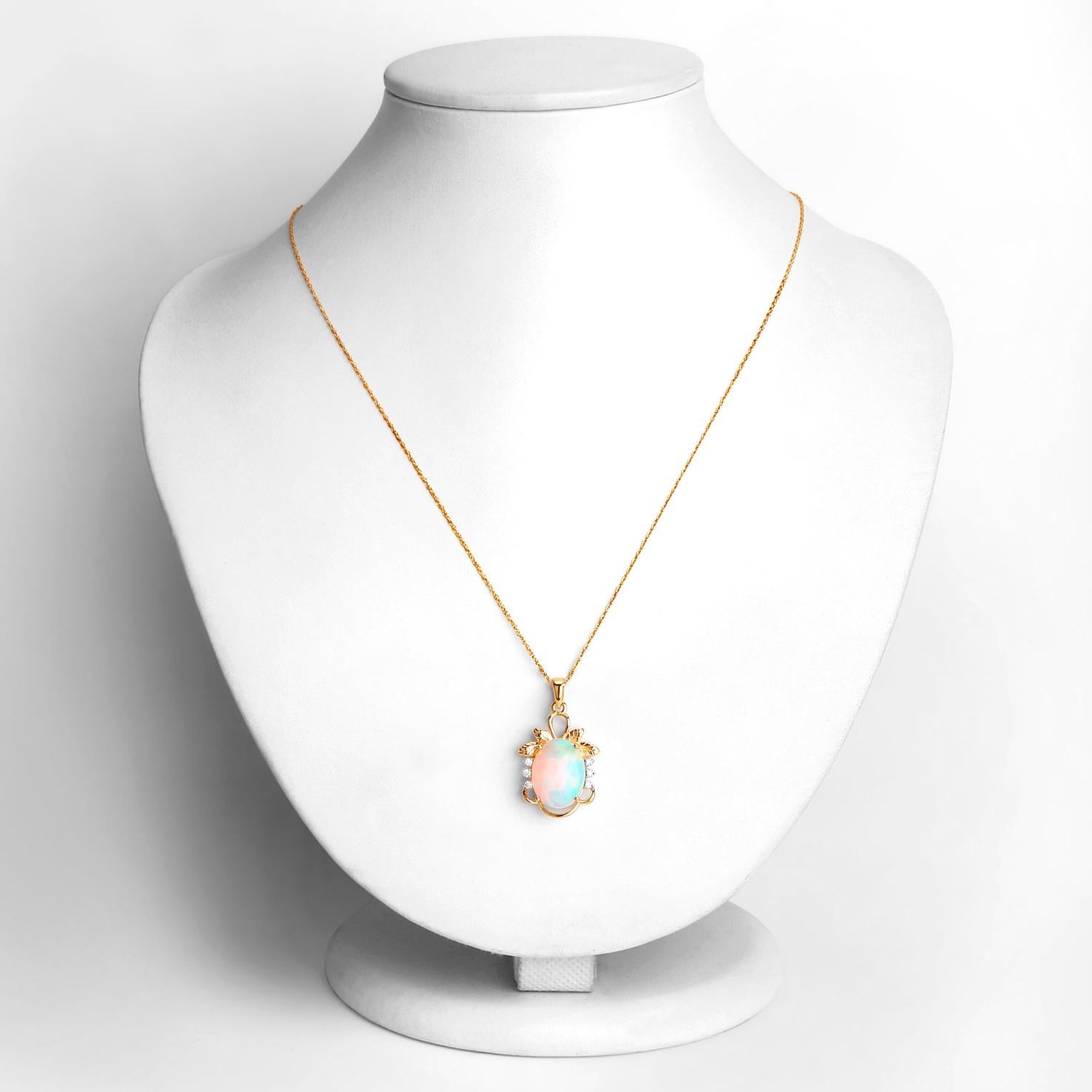 Cabochon Natural Ethiopian Opal Pendant Necklace Diamonds 3.59 Carats 14K Yellow Gold For Sale
