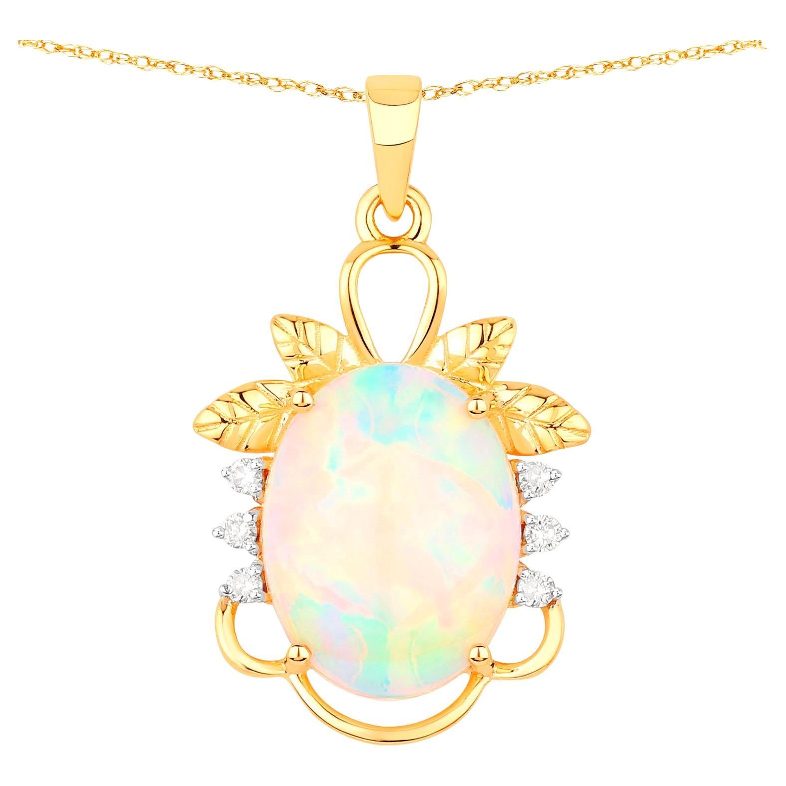 Natural Ethiopian Opal Pendant Necklace Diamonds 3.59 Carats 14K Yellow Gold For Sale