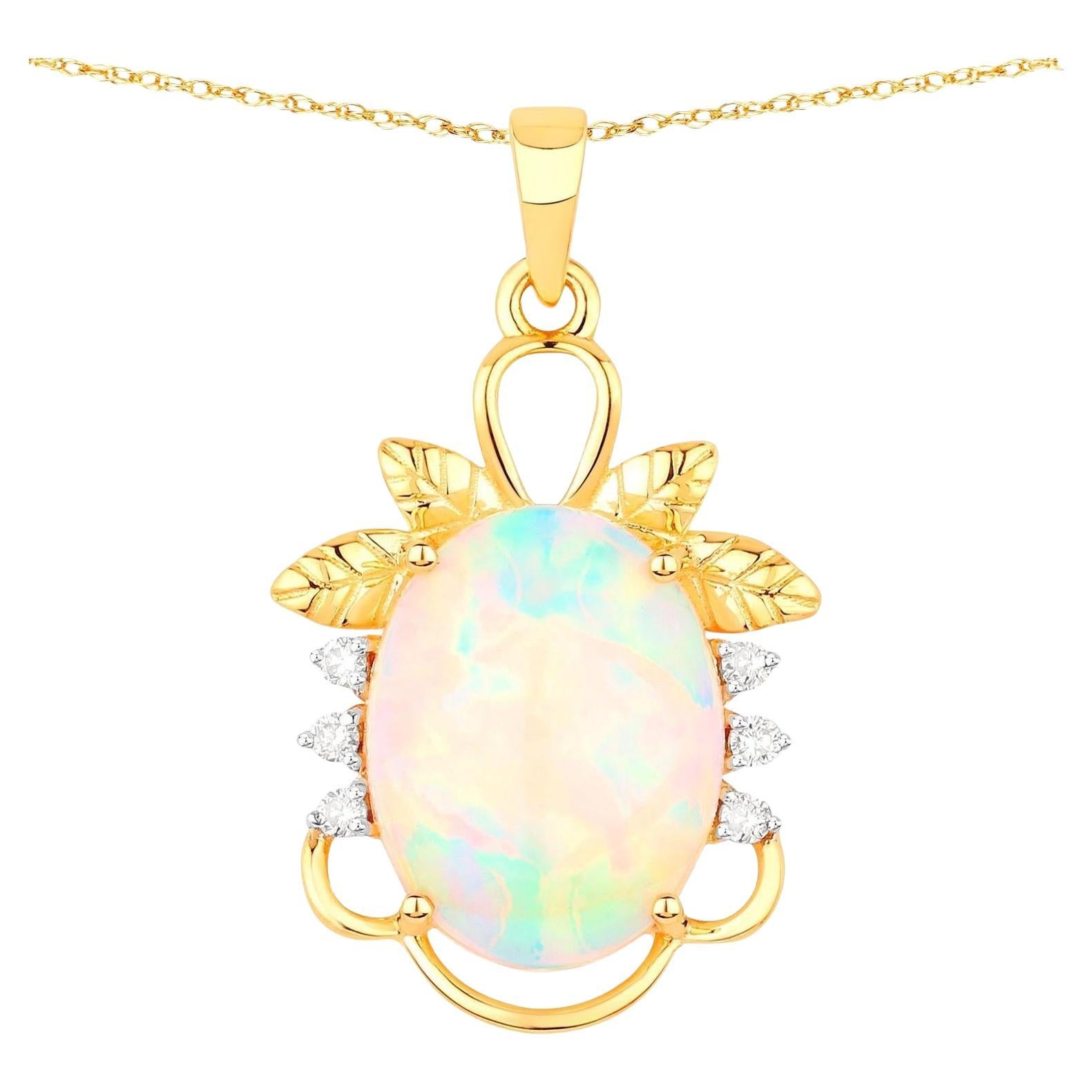 Natural Ethiopian Opal Pendant Necklace Diamonds 3.59 Carats 14K Yellow Gold