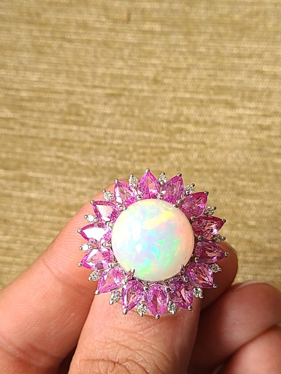 Art Deco Natural Ethiopian Opal, Pink Sapphires & Diamonds Cocktail Ring Set in 18K Gold