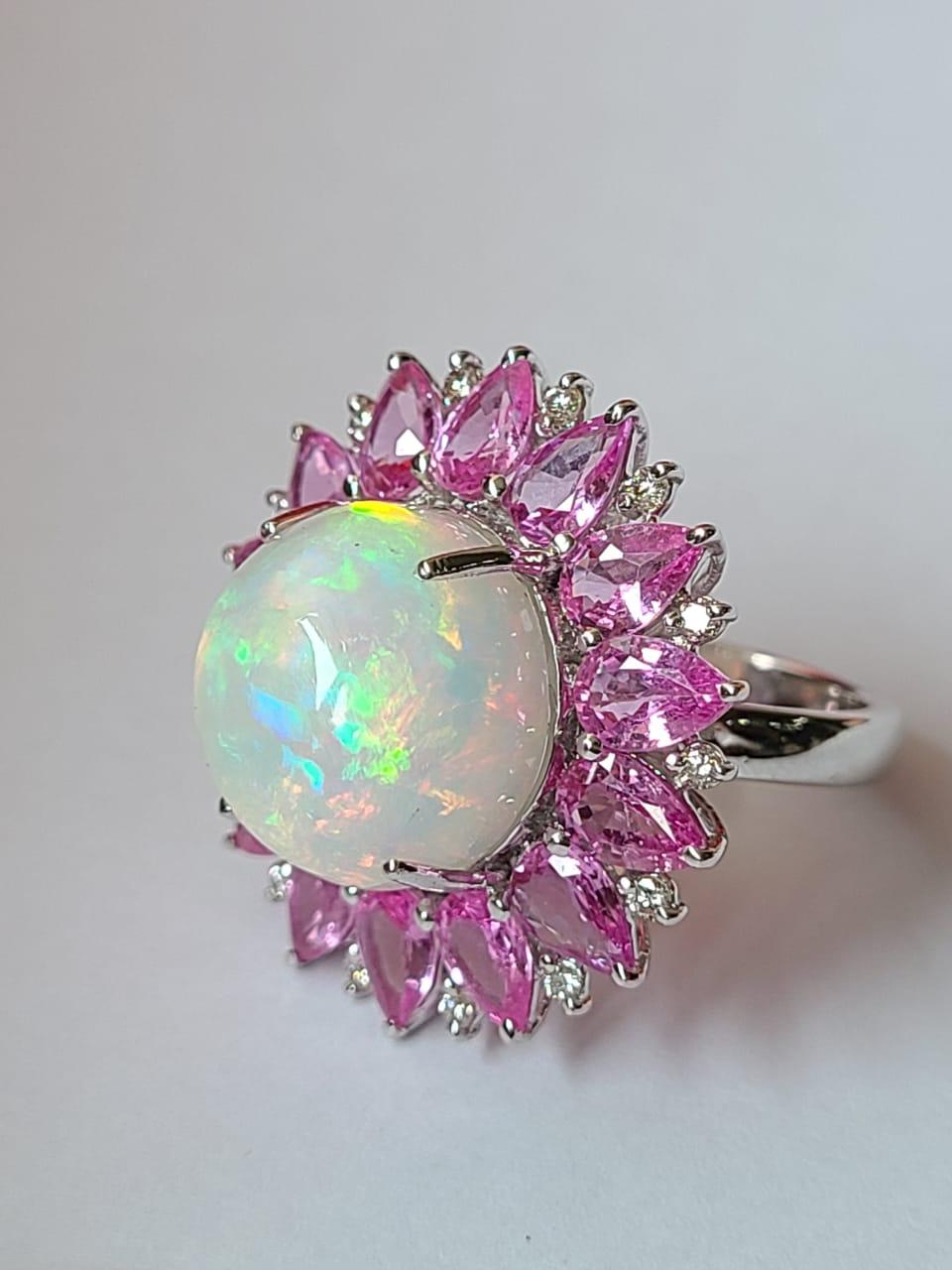 Cabochon Natural Ethiopian Opal, Pink Sapphires & Diamonds Cocktail Ring Set in 18K Gold