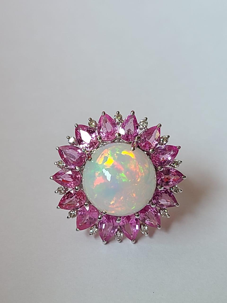 Natural Ethiopian Opal, Pink Sapphires & Diamonds Cocktail Ring Set in 18K Gold In New Condition In Hong Kong, HK