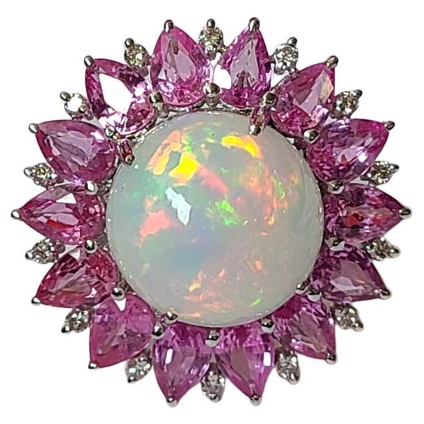 Natural Ethiopian Opal, Pink Sapphires & Diamonds Cocktail Ring Set in 18K Gold