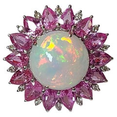 Natural Ethiopian Opal, Pink Sapphires 
Diamonds Cocktail Ring Set in 18K Gold