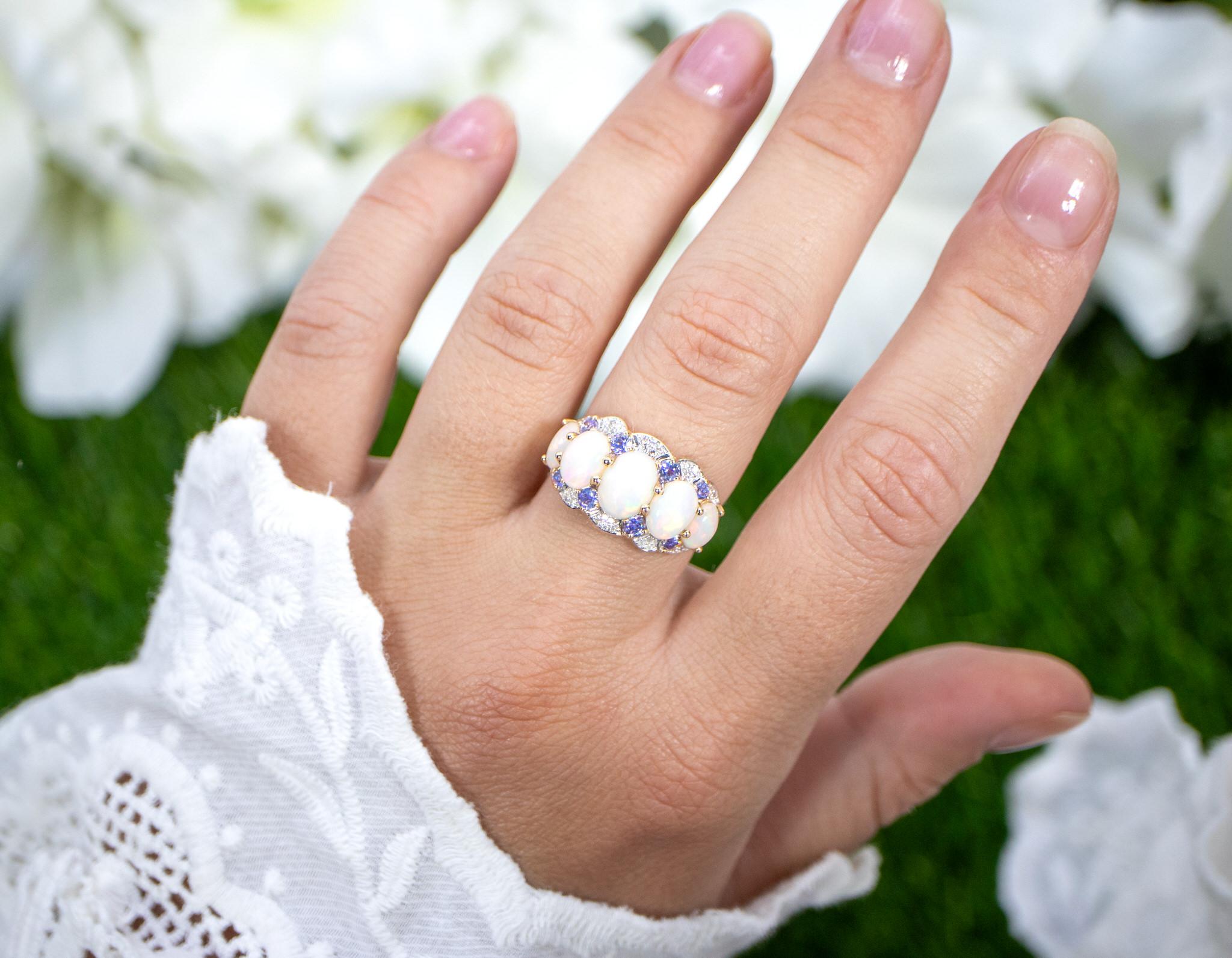 Contemporary Natural Ethiopian Opal Ring Tanzanite and Diamond Setting 14K Yellow Gold For Sale