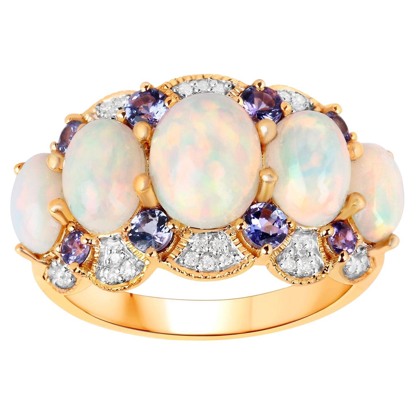 Natural Ethiopian Opal Ring Tanzanite and Diamond Setting 14K Yellow Gold For Sale