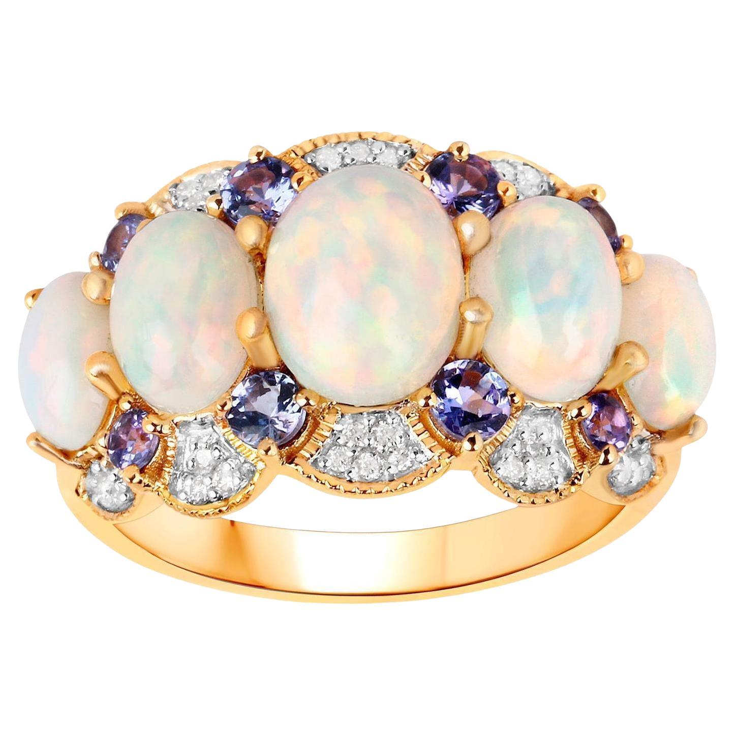 Anillo Ópalo Etíope Natural Tanzanita y Diamante Engastado Oro Amarillo 14K en venta