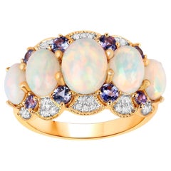 Natural Ethiopian Opal Ring Tanzanite and Diamond Setting 14K Yellow Gold