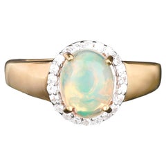 Natural Ethiopian Opal Ring With White Zircon 1.33 Carats Gold Plated Silver