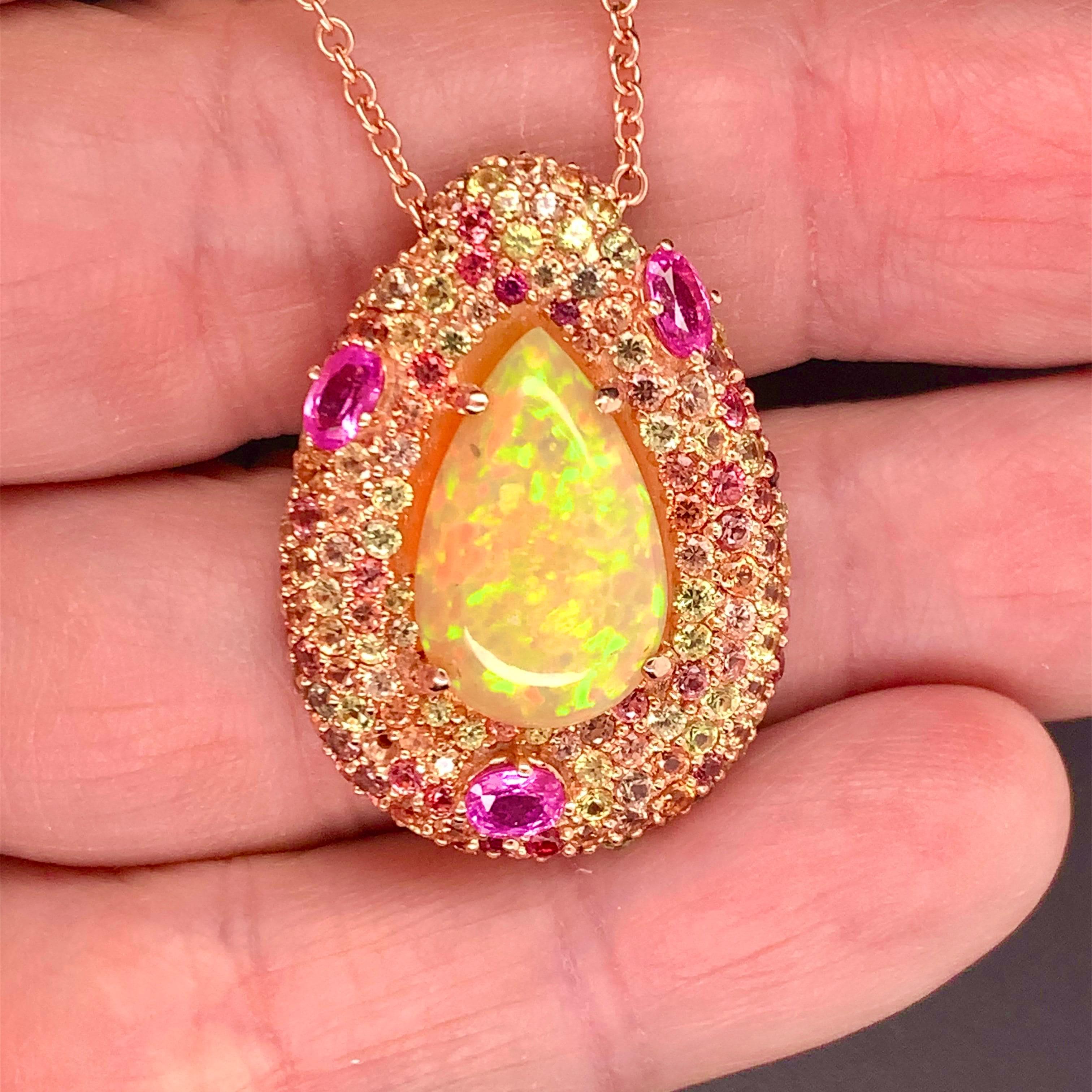 Natural Fine Quality Ethiopian Pear Cabochon Opal and Sapphire Necklace 14k Gold 17