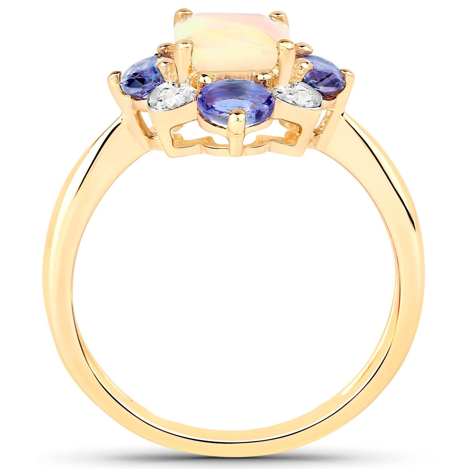 Cushion Cut Ethiopian Opal Ring With Tanzanites and Diamonds 1.20 Carats 10K Yellow Gold For Sale